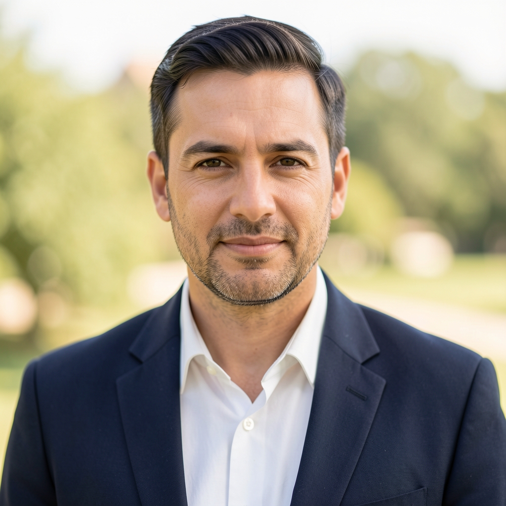 Editorial portrait of a male writer in a bright studio, clean background composition