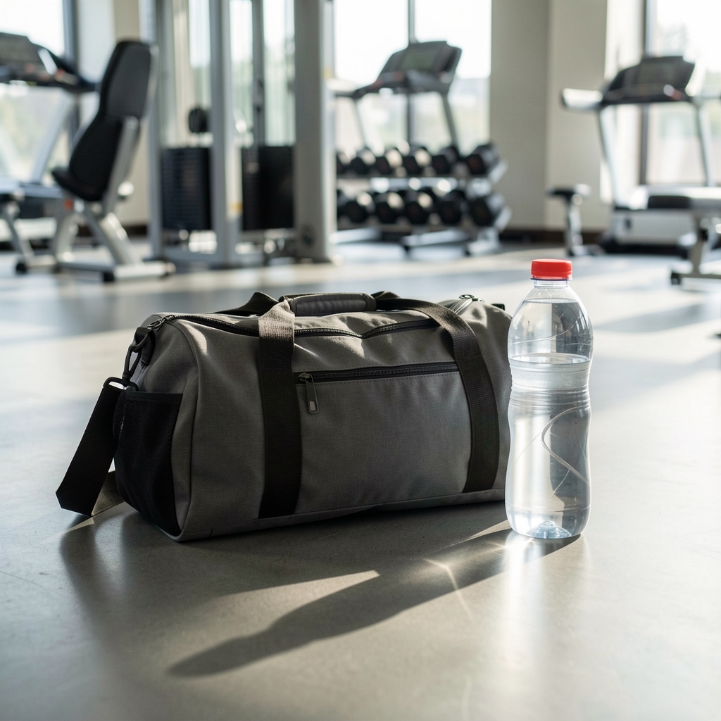 Gym bag and water bottle on a clean gym floor, editorial composition, natural light